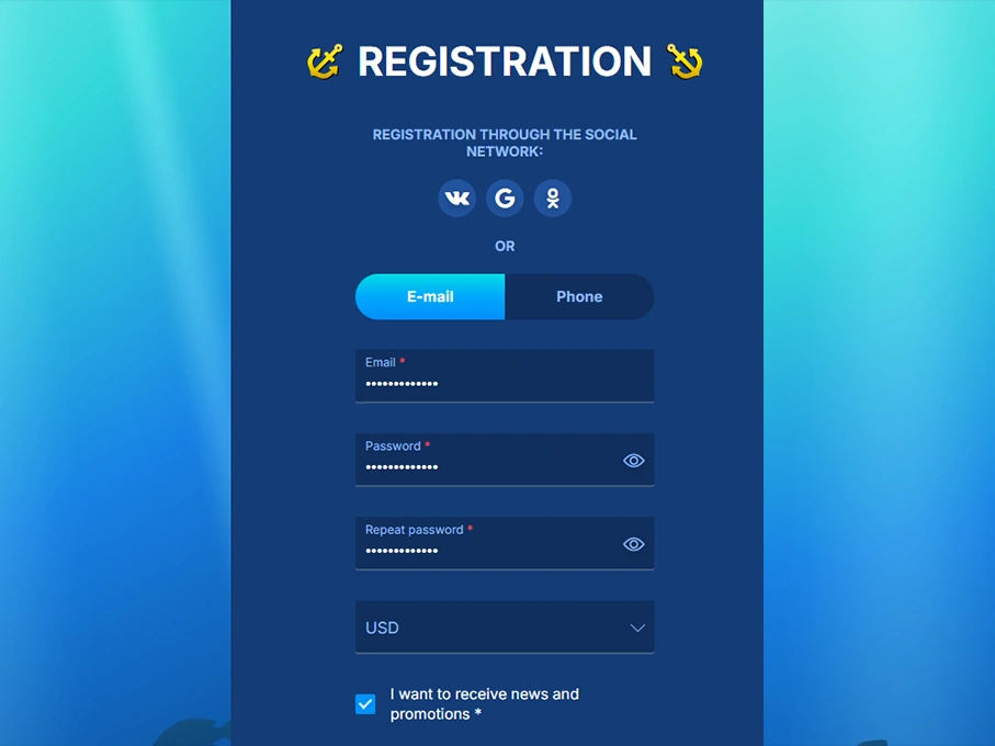 Registration form showing email tab, password fields, USD currency selector and social login options