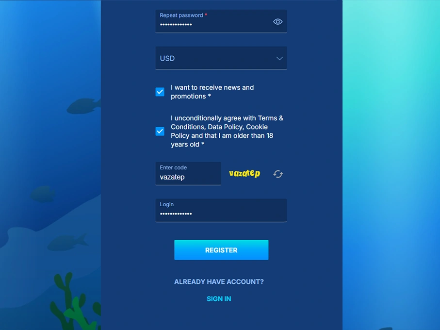 Registration form lower section with policy checkboxes, CAPTCHA image, login field and Register button