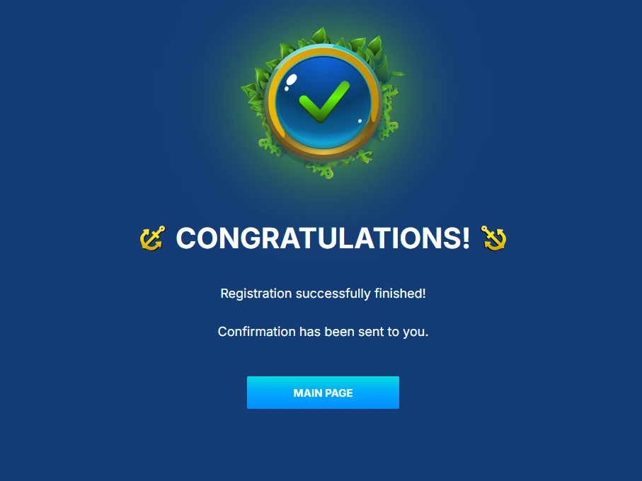 Confirmation screen with green check mark, Congratulations heading and Main Page button